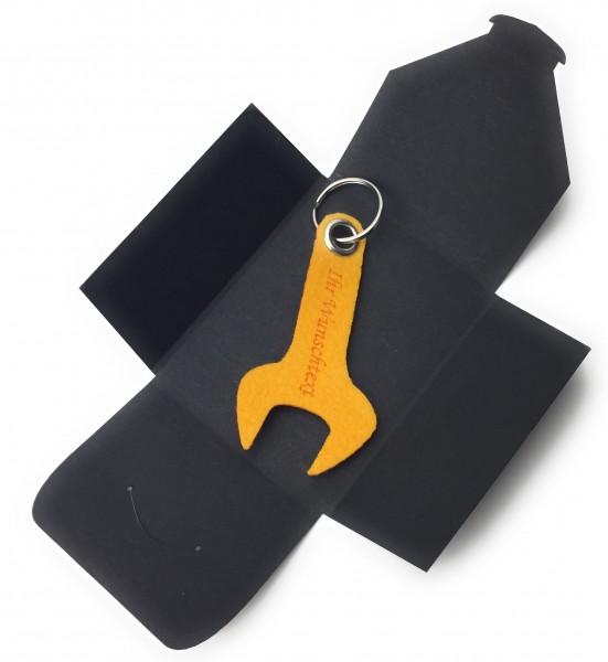 Schlüsselanhänger aus Filz optional mit Namensgravur - Schraubenschlüssel / Werkzeug - safrangelb al