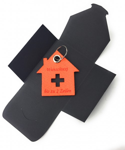 Schlüsselanhänger aus Filz optional mit Namensgravur - Haus mit Kreuz - orange als Schlüsselanhänge