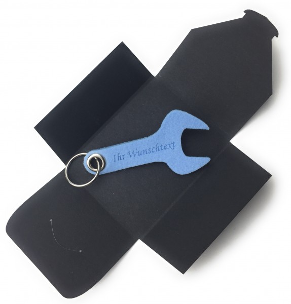 Schlüsselanhänger aus Filz optional mit Namensgravur - Schraubenschlüssel / Werkzeug - eisblau als S